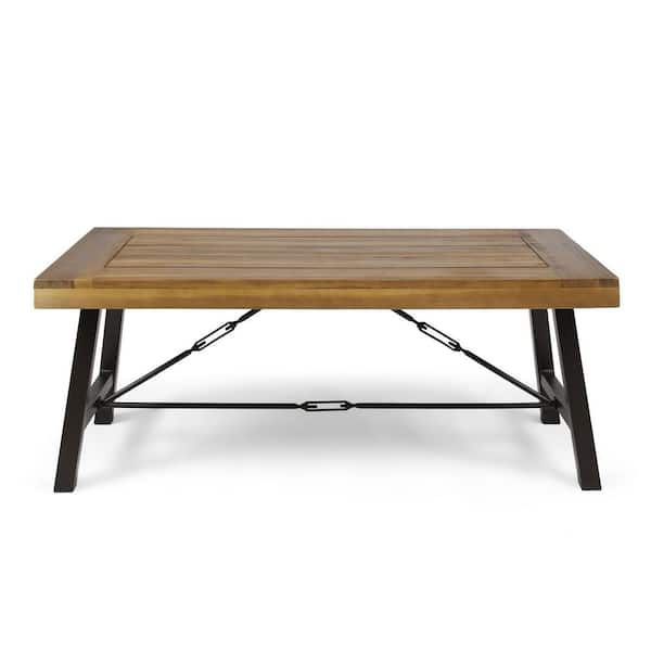 Patio Natural Brown Acacia Wood Outdoor Coffee Table with Black Metal Frame