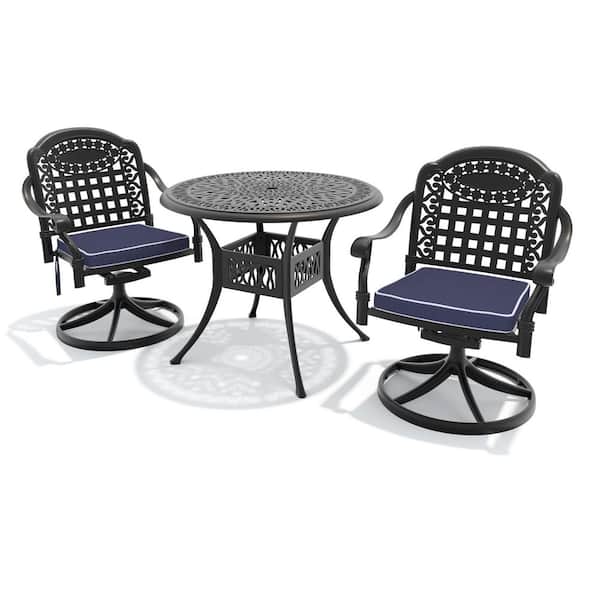 3-Piece Black Cast Aluminum Patio Outdoor Dining Set with Round Table and 2 Swivel Chairs with Blue Cushions