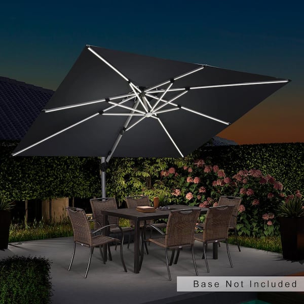 9 ft. x 12 ft. Solar Powered LED Patio Outdoor Cantilever Umbrella Heavy Duty Sun Umbrella in Gray
