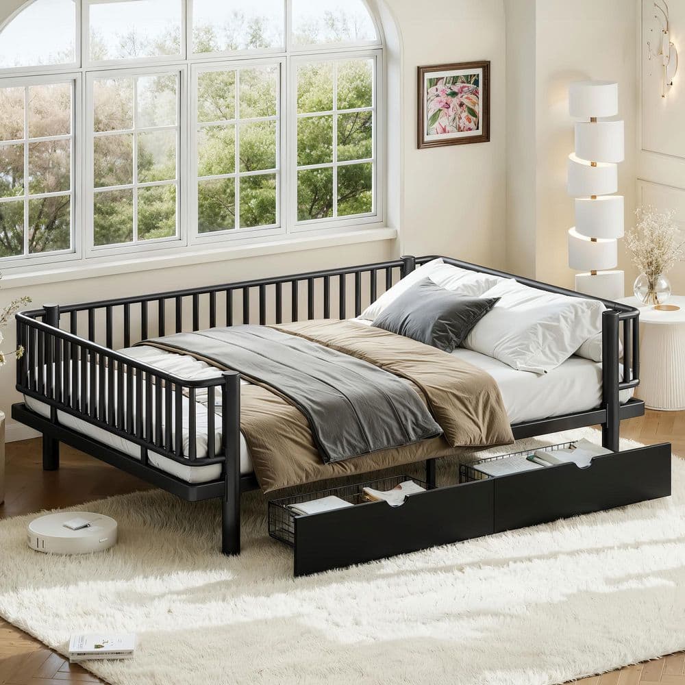 Black MDF Frame Queen Size Platform Bed with Storage Drawers, Upgraded Safety Round-Pipe Design