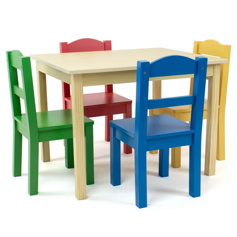 Natural Wood Kids Table with Multicolor Chairs Set