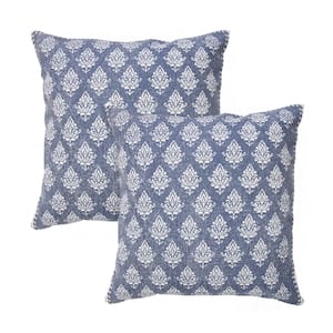 Fantasy Denim Blue Damask Stonewashed Hand-Woven 20 in. x 20 in. Indoor Throw Pillow Set of 2