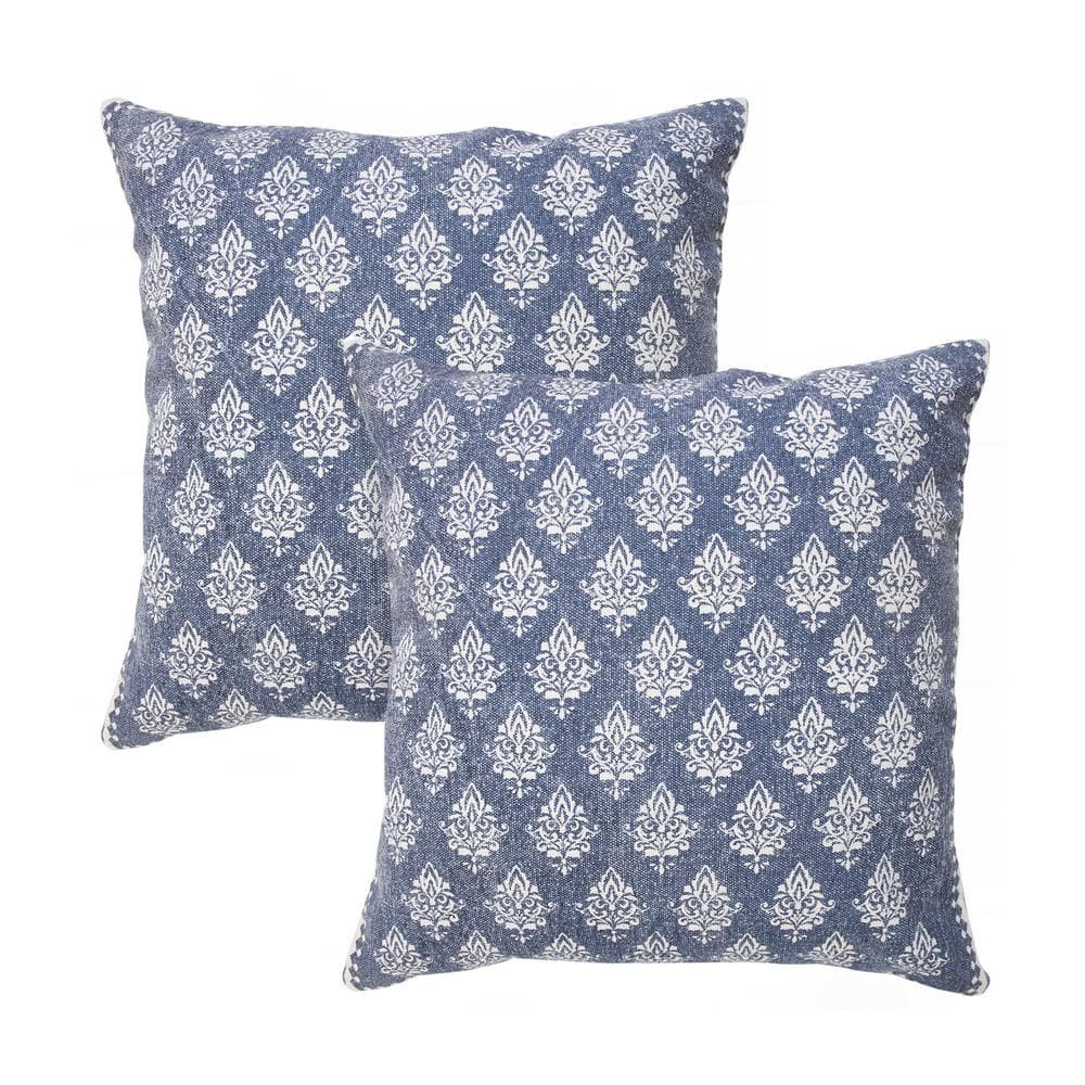 Fantasy Denim Blue Damask Stonewashed Hand-Woven 20 in. x 20 in. Indoor Thr
