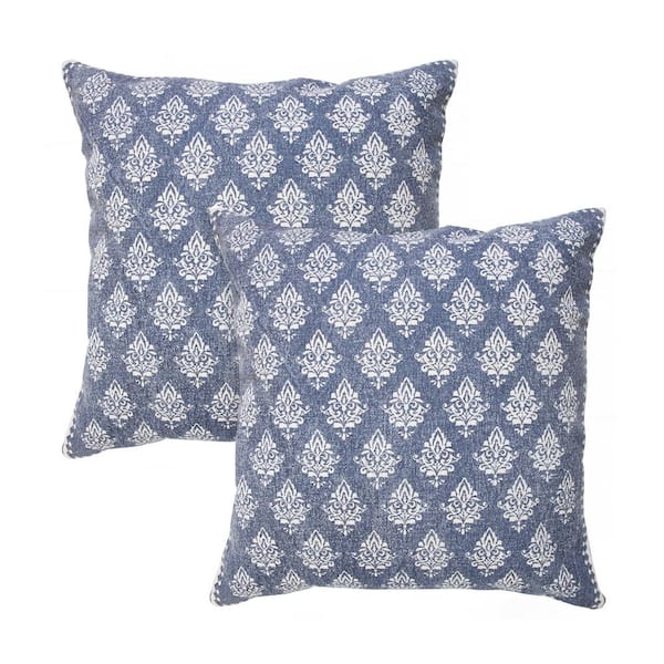 Unbranded Fantasy Denim Blue Damask Stonewashed Hand-Woven 20 in. x 20 in. Indoor Throw Pillow Set of 2
