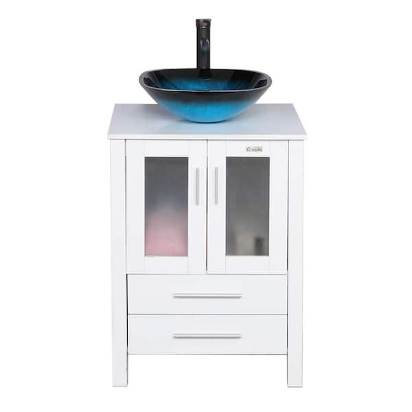 24 in. W x 20 in. D x 32 in. H Single Sink Bath Vanity in White with Turquoise Glass Vessel Sink Top ORB Faucet