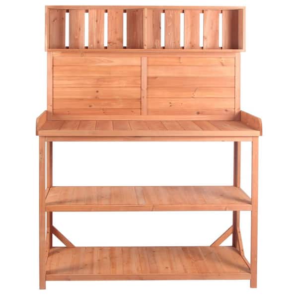 Unbranded 46.9 in. W x 65 in. H Natural Wood Outdoor Bench Table, Workstation with 4 Shelves and Side Hook, for Patio and Garden