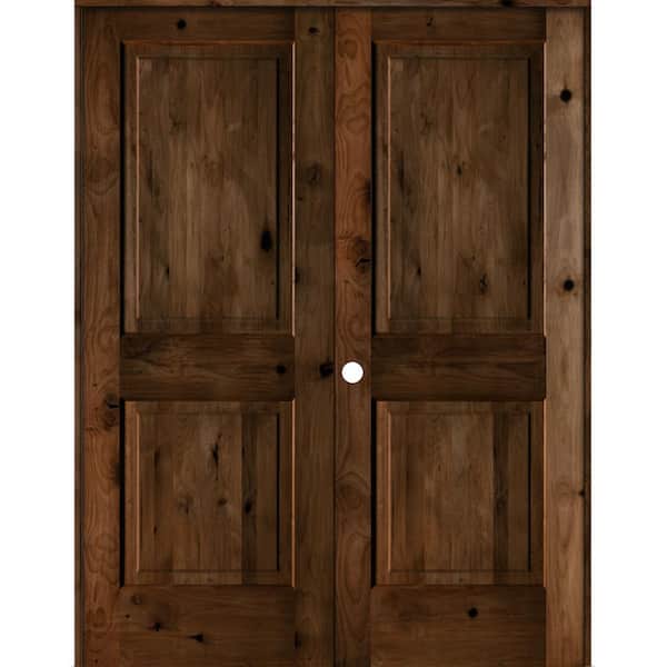 Krosswood Doors 56 in. x 80 in. Rustic Knotty Alder 2-Panel Right-Handed Provincial Stain Wood Double Prehung Interior Door w/Square-Top