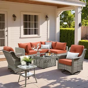 Holston 8-Piece Wicker Modern Outdoor Patio Conversation Sofa Seating Set with Swivel Chairs and Red Cushions