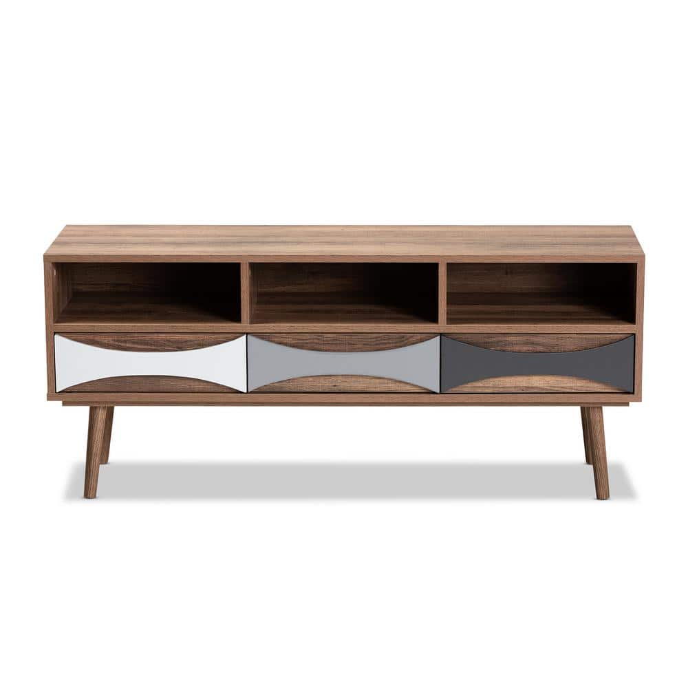 Leane Natural Wood 3 Drawer TV Stand for TVs up to 45&#34; Brown - Baxton Studio: Media Console, Storage Cabinet