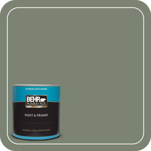 BEHR PREMIUM PLUS 1 qt. #ICC-77 Sage Green Satin Enamel Exterior Paint & Primer