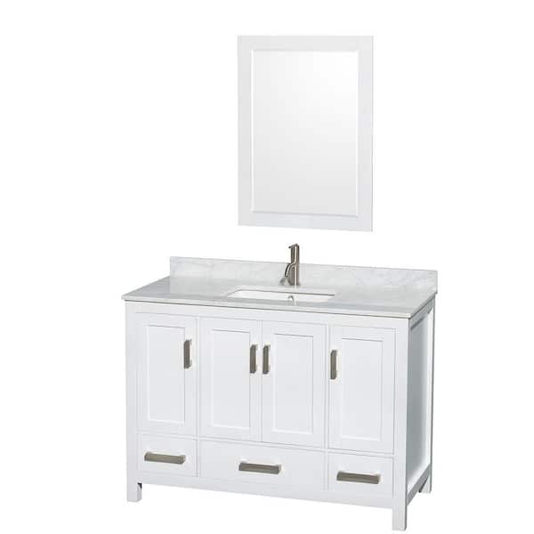Wyndham Collection Sheffield 48 in. W x 22 in. D x 35 in. H Single Bath Vanity in White with White Carrara Marble Top and 24" Mirror