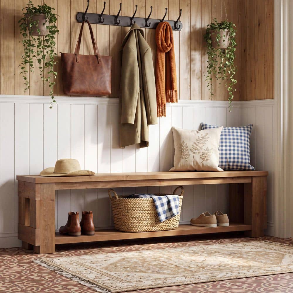 70.8 in. Solid Wood Brown Storage Bench with Open Shelf, Farmhouse Entryway Bench for Hallway, Bedroom