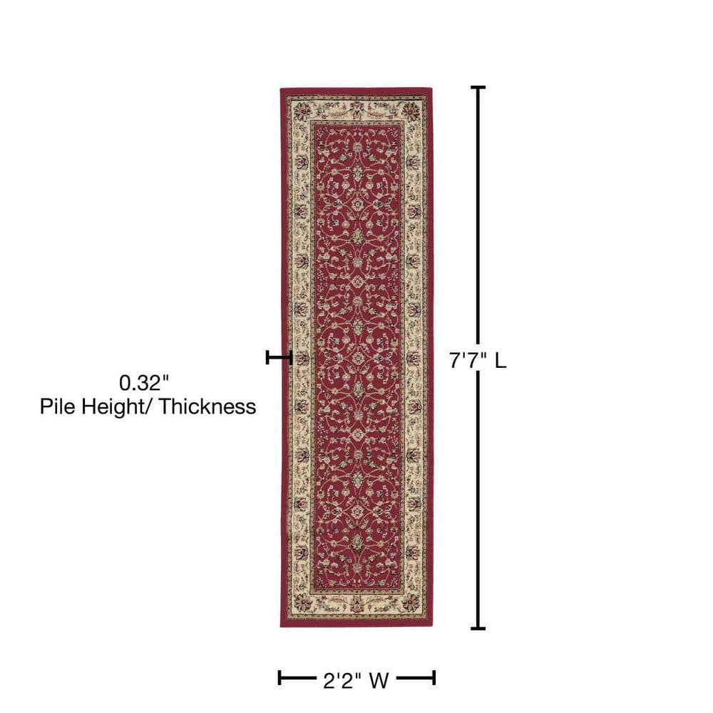 Red and Beige Synthetic 8' Runner with Floral Border