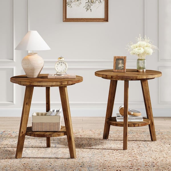 BYBLIGHT Kerlin 23.62 in. Brown Round Wood End Table Side Table Nightstand with 2-Storage Shelves and 3-Sturdy Legs
