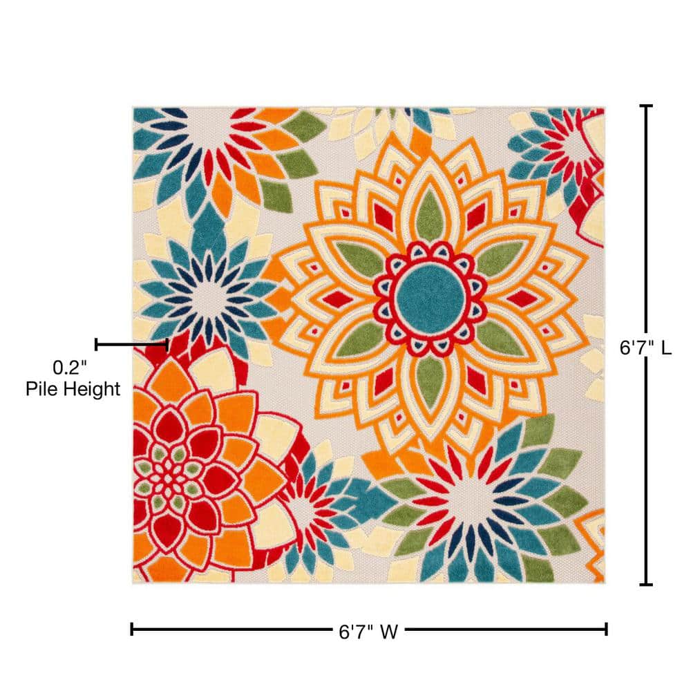 Ivory and Orange Floral Synthetic Square Rug, 7' x 7'