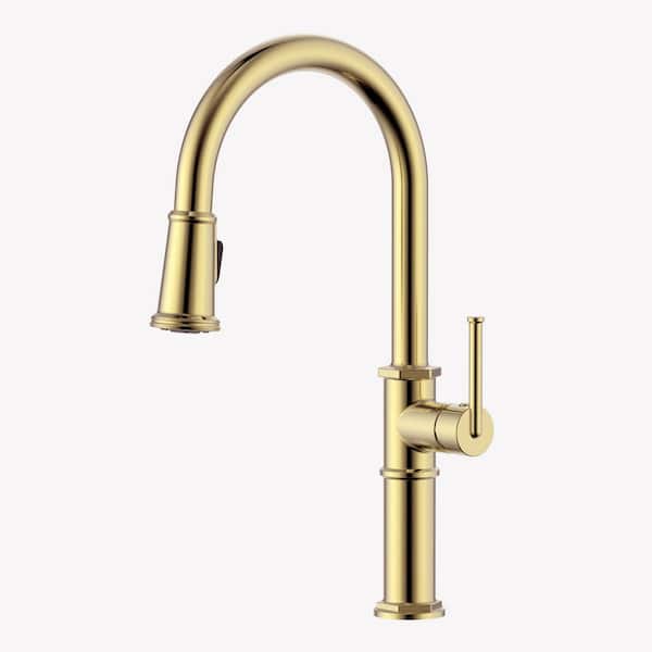 Idris Brushed Gold 16.5 in. H Single Handle Arc Gooseneck Pull Down Sprayer Kitchen Faucet with 360° Spout Swivel