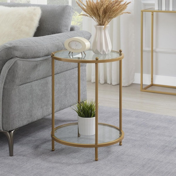 Royal Crest 18 in. W Bronze Gold Round Glass 2-Tier End Table with Shelf