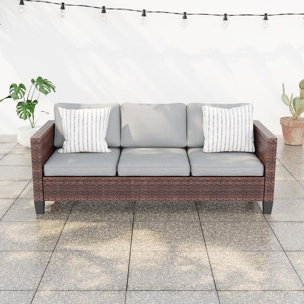 Outdoor 3-Seater Sofa All-Weather Patio Sofa Brown Wicker Linen Gray Cushion