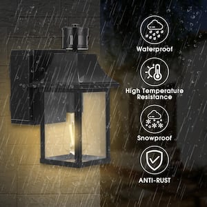 1-Light Black Dusk to Dawn Motion Sensor Outdoor Wall Lantern Sconce with Clear Glass and Built-In GFCI and USB Outlets