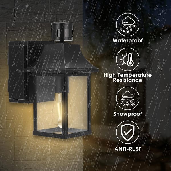 YANSUN 1-Light Black Dusk to Dawn Motion Sensor Outdoor Wall Lantern Sconce with Clear Glass and Built-In GFCI and USB Outlets