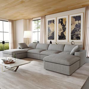 157 in. Square Arm 6-Piece Linen U-shaped Sectional Sofa Cloud Couch in Gray with Storage Ottomans