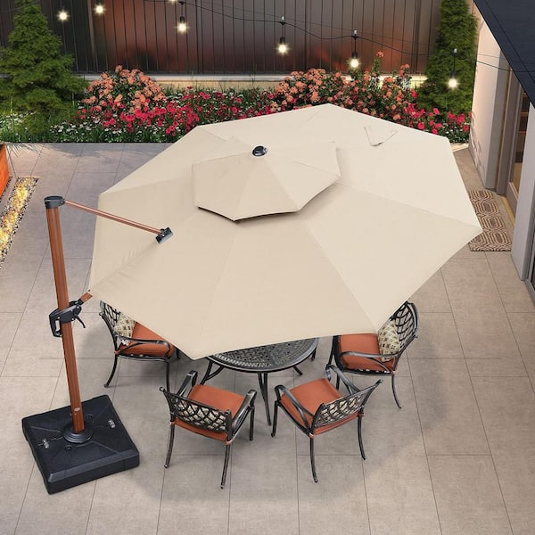 PURPLE LEAF 11 ft. Sunbrella Aluminum Octagon 360° Rotation Wood Pattern Cantilever Outdoor Patio Umbrella With Base, Beige