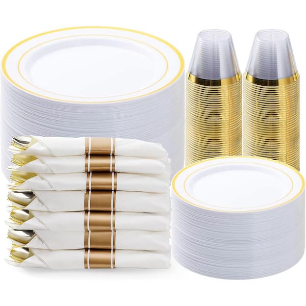 Gold Plastic Dinnerware Set, Disposable Party Plates for 50-Guests (350-Piece)