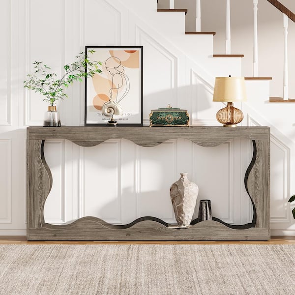 BYBLIGHT Turrella 63in. Grey Wavy Scalloped Console Table, Farmhouse Entryway Table Rectangle Wood Sofa Console Table
