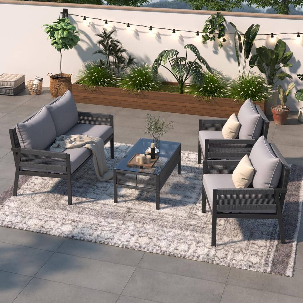 4-Piece Metal Frame Nylon Rope Outdoor Patio Conversation Set with Gray Cushions and Tempered Glass Coffee Table price history on PriceWatchPro