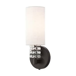 Carlisle 4.75 in. English Bronze Sconce with Hand Crafted Oatmeal Fabric Shade and Clear Crystals