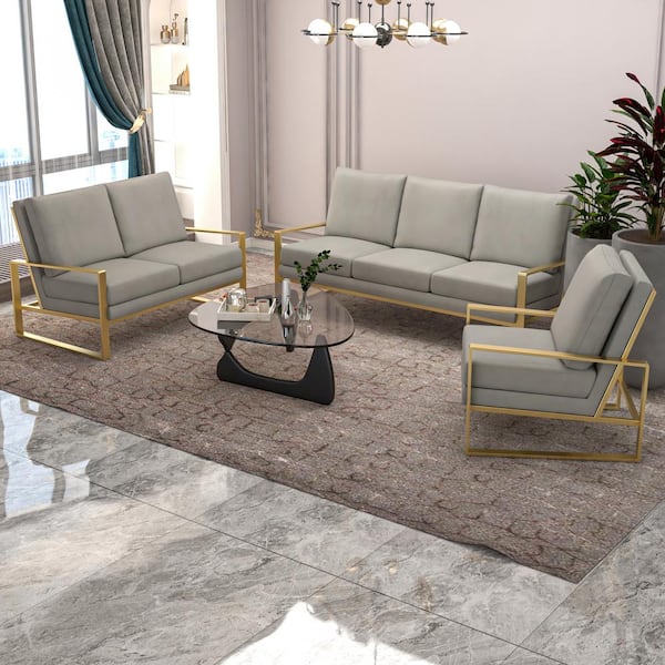 Leisuremod 3-Piece Sofa Set Upholstered in Velvet with Gold Stainless Steel Base and Removable Cushions Light Grey