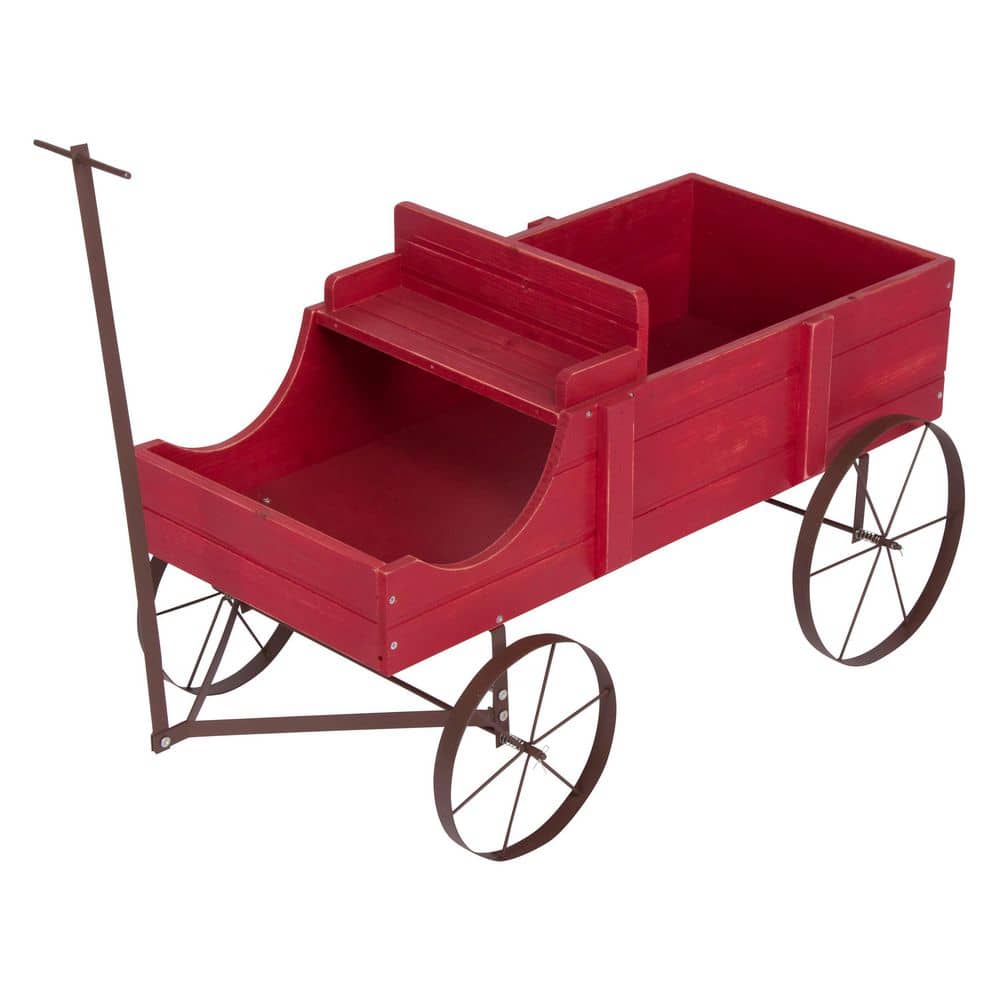 Red Wooden Buckboard Wagon Garden Planter