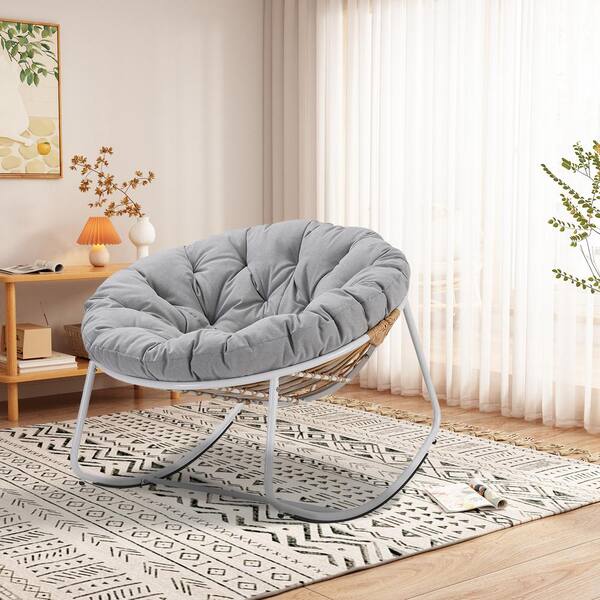 Metal Round Outdoor Rocking Chair White Durable Frame with Soft Light Gray Cushion Water Resistant for Backyard