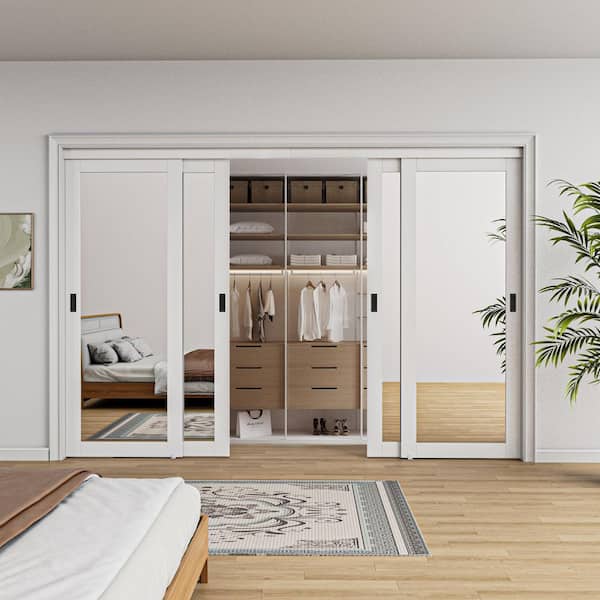120 in. x 80 in. Solid Core 1-Lite Mirror White Primed MDF Interior Closet Sliding Door with Hardware and Black Handle
