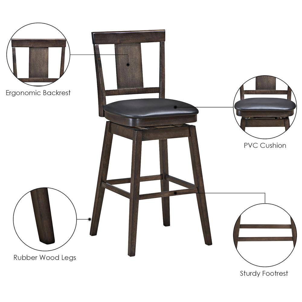 Walnut Finish Swivel Bar Stool Set, Faux Leather Cushion, Brown
