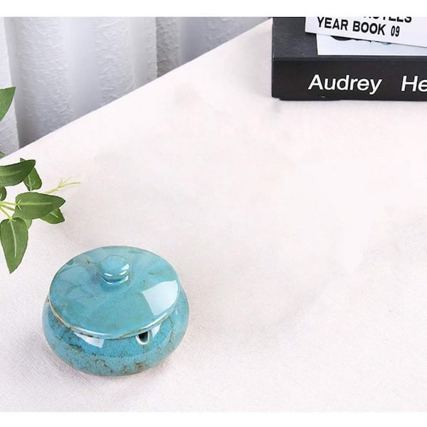 Augbeer 4.5 in. x 4.5 in. Blue Ceramic Ashtray with Lid and