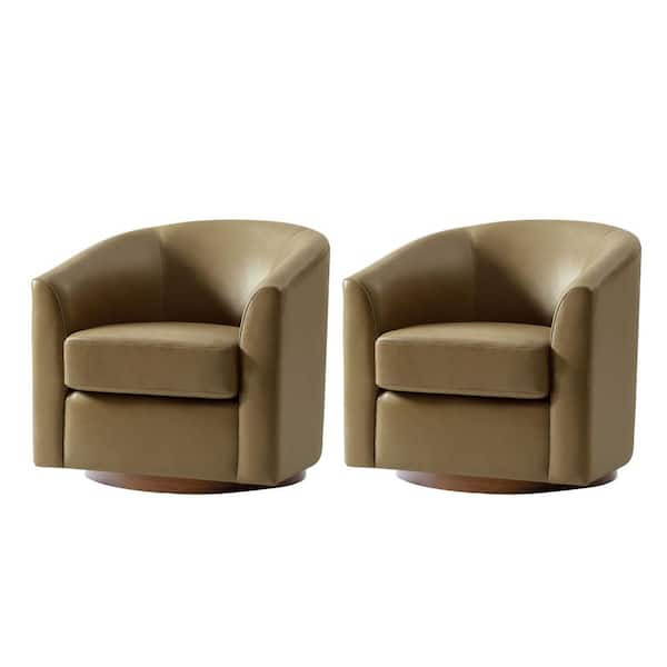 JAYDEN CREATION Teeny Taupe Modern Genuine Leather Swivel Barrel Chair with Solid Wood Base Set of 2
