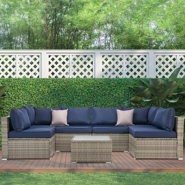 LAUREL CANYON Gray 7-Piece Wicker Sectional Seating Set with Blue Cushions