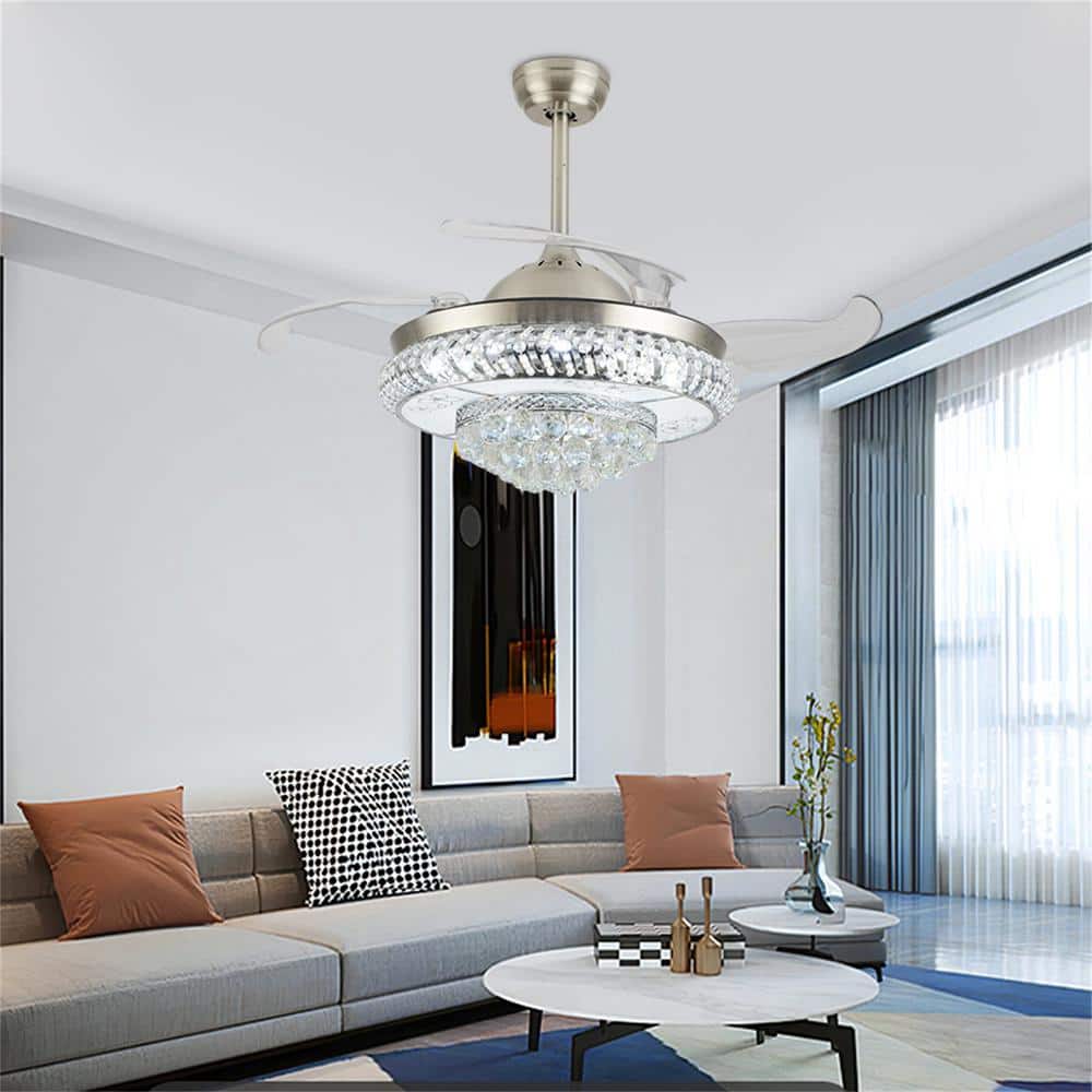 42" Silver Modern LED Crystal Chandelier Ceiling Fan with Remote