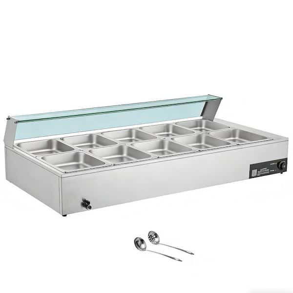 Commercial Electric Food Warmer, 1700W Stainless Steel Steam Table with Glass Lid, 10-Pan Countertop Buffet Bain Marie