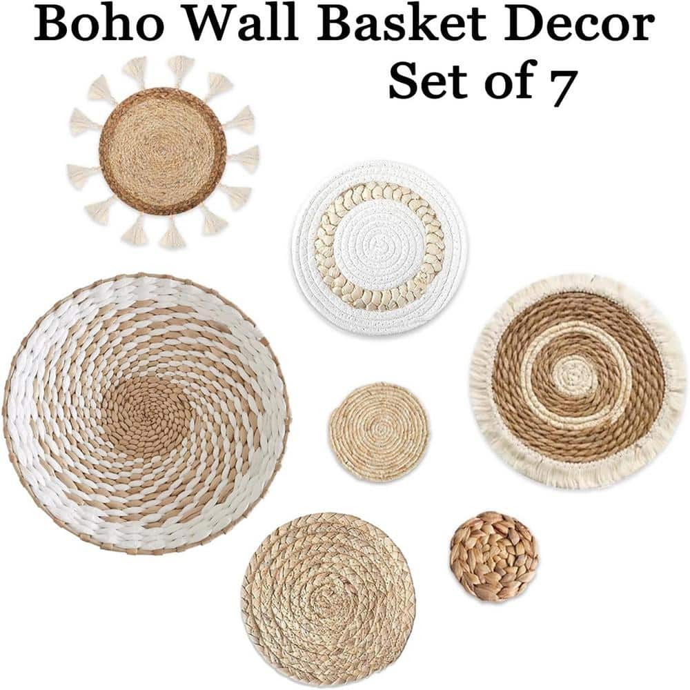 Round Seagrass and White Woven Wall Baskets Set
