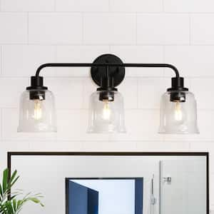 Modern 22.8 in. 3-Light Black Bathroom Vanity Light with Bell Clear Glass Shades Contemporary Wall Sconce Over Mirrors