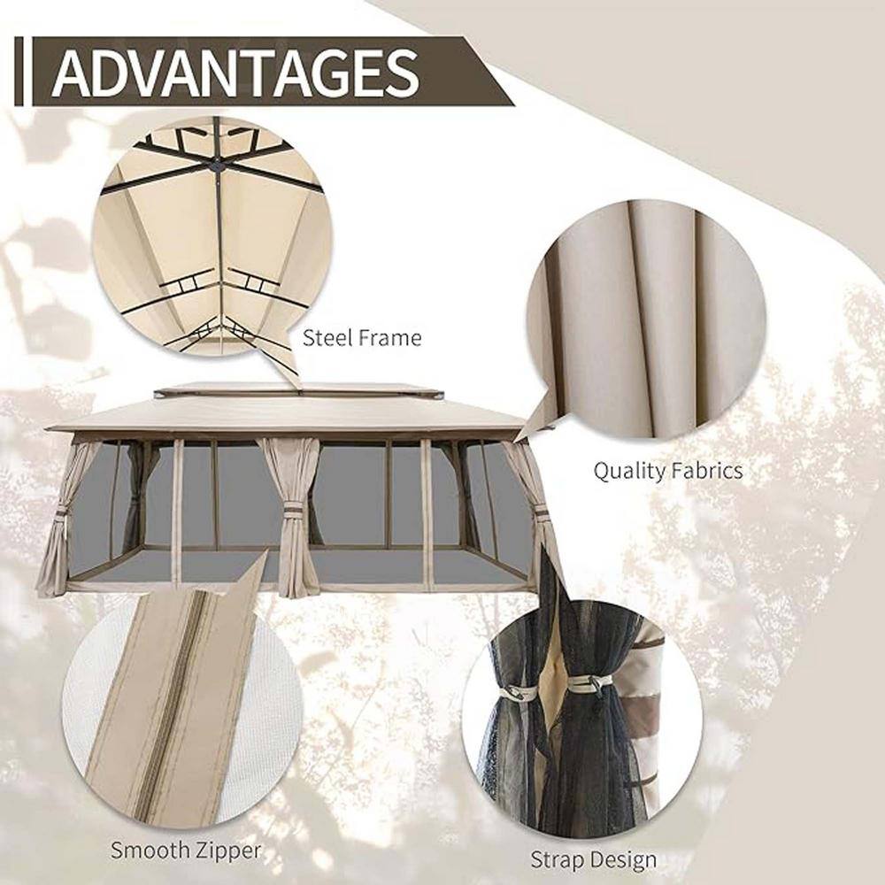Beige Metal Patio Gazebo with Double-Tier Roof and Curtains