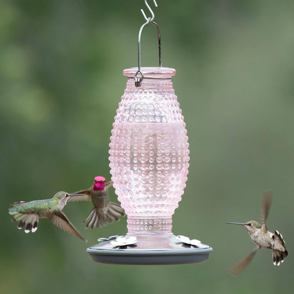 Cranberry Hobnail Glass and Metal Hummingbird Feeder