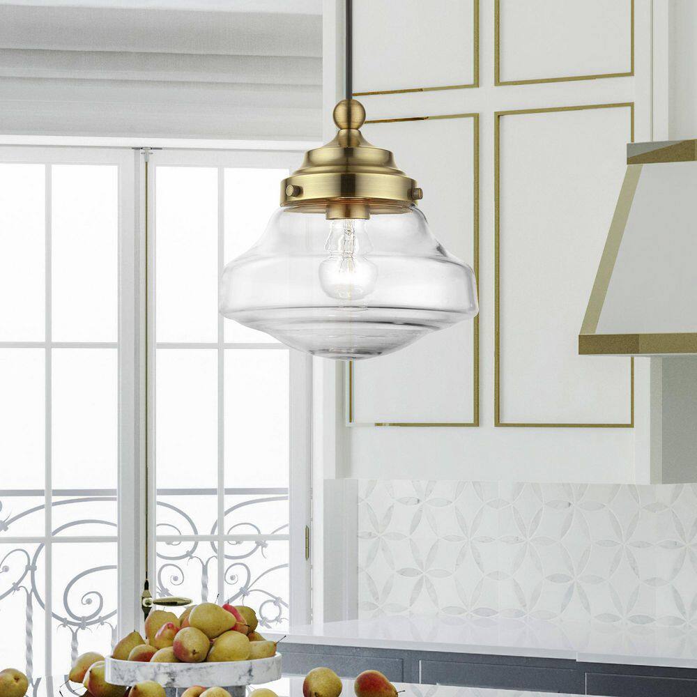 Avondale Antique Brass Mini Pendant with Clear Glass Shade