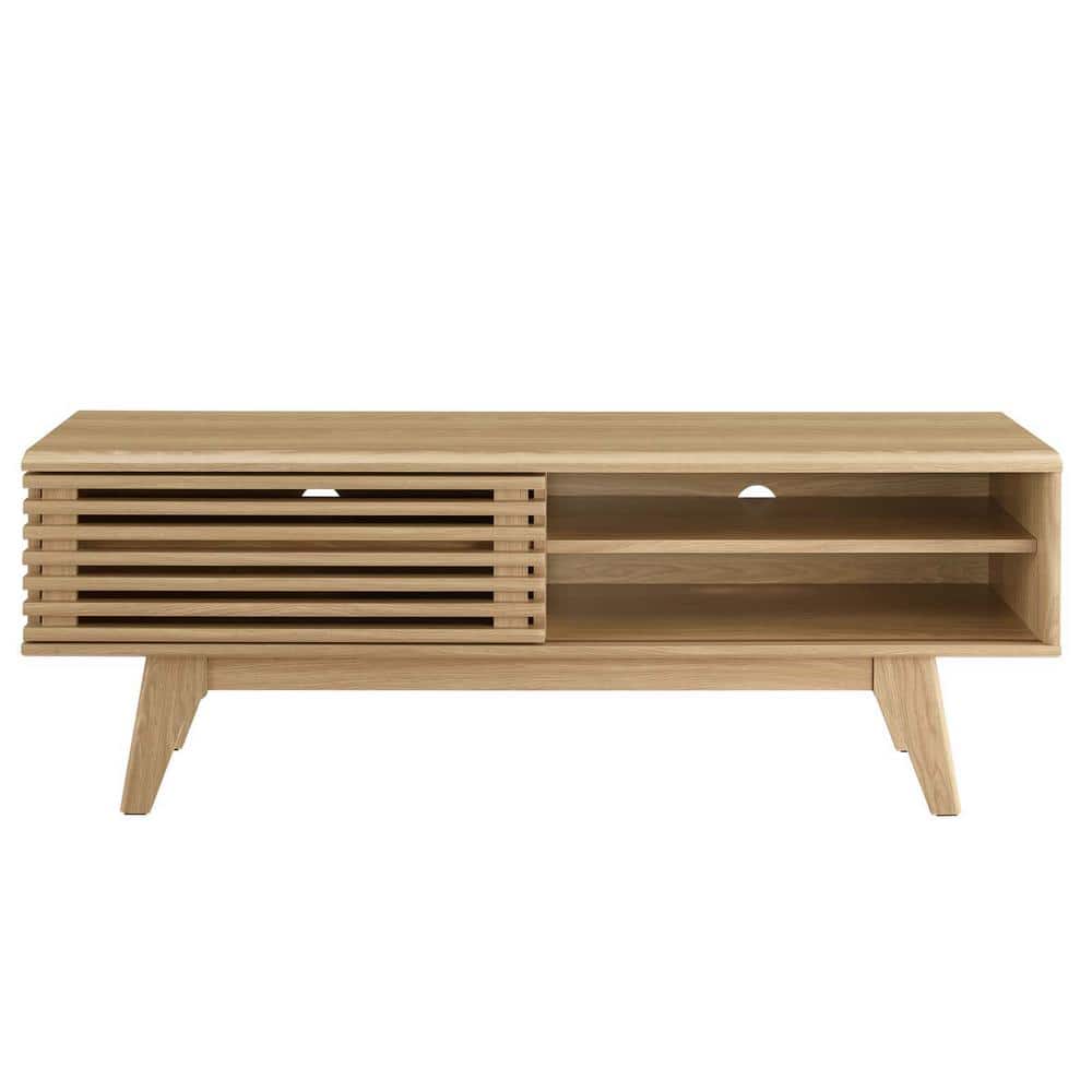 Modern Oak 48" TV Stand with Slatted Cabinet and Tapered Legs