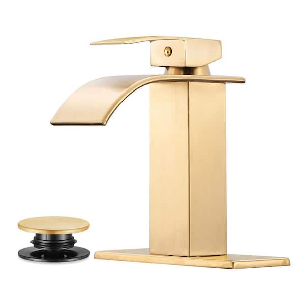Waterfall Single Handle Single Hole Bathroom Faucet With Deckplate and Pop-Up Drain Assembly in Gold