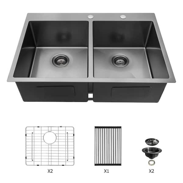 33 in. Drop-in Double Bowl (50/50) 16-Gauge Gunmetal Black Stainless Steel Kitchen Sink with Two 10 in. Deep Basin