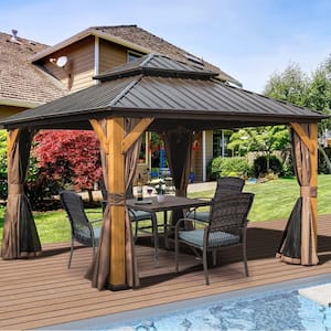 12 ft. x 12 ft. Brown Outdoor Cedar Wood Frame Canopy with Galvanized Steel Double Roof Hardtop Gazebo with Curtains