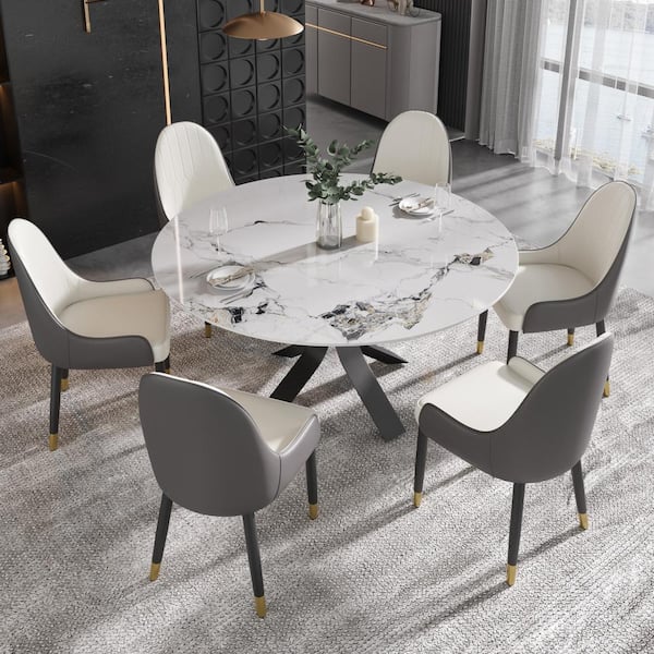 J&E Home Pandora White Glossy Sintered Stone Top 53. 13 in. Pedestal Carbon Steel Base Round Dining Table Seats 6